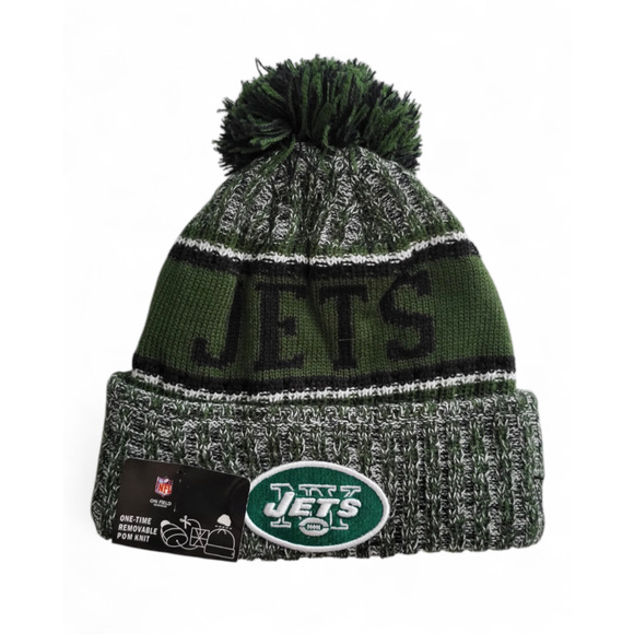 NWT New York Jets Army Green Sports‎ Knit Pom Beanie Fleece Lining OSFA Unisex - Picture 1 of 6